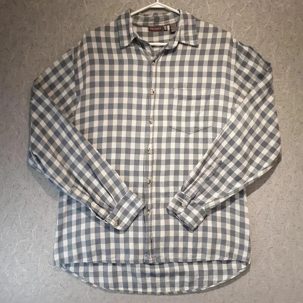 Men's Nevada Long Sleeve Blue & White Plaid Cotton Shirt Size 40